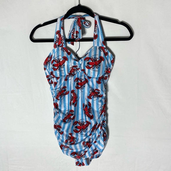 Sourpuss Blue White Striped Red Lobster Print One Piece Swimsuit Bathing Suit S - Picture 16 of 16